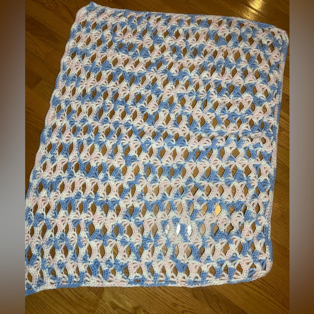 Adorable 1990s handmade crochet unisex baby afghan-blue-pink-white-40”X32”